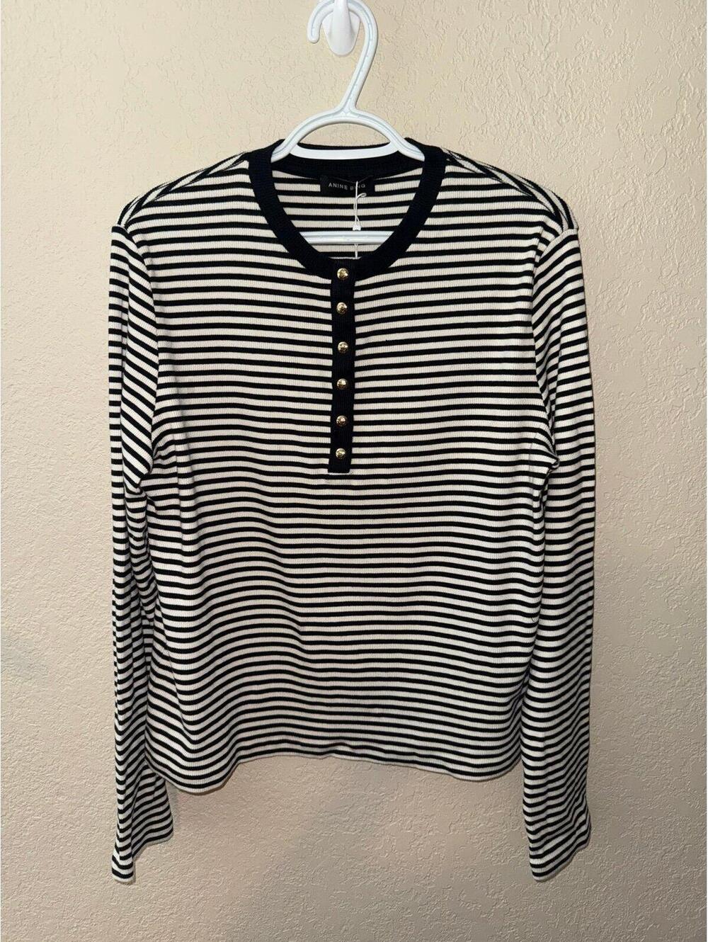 Anine Bing Alessia Stripe Long Sleeve Thermal Tee Cream Black Gold Button Size L